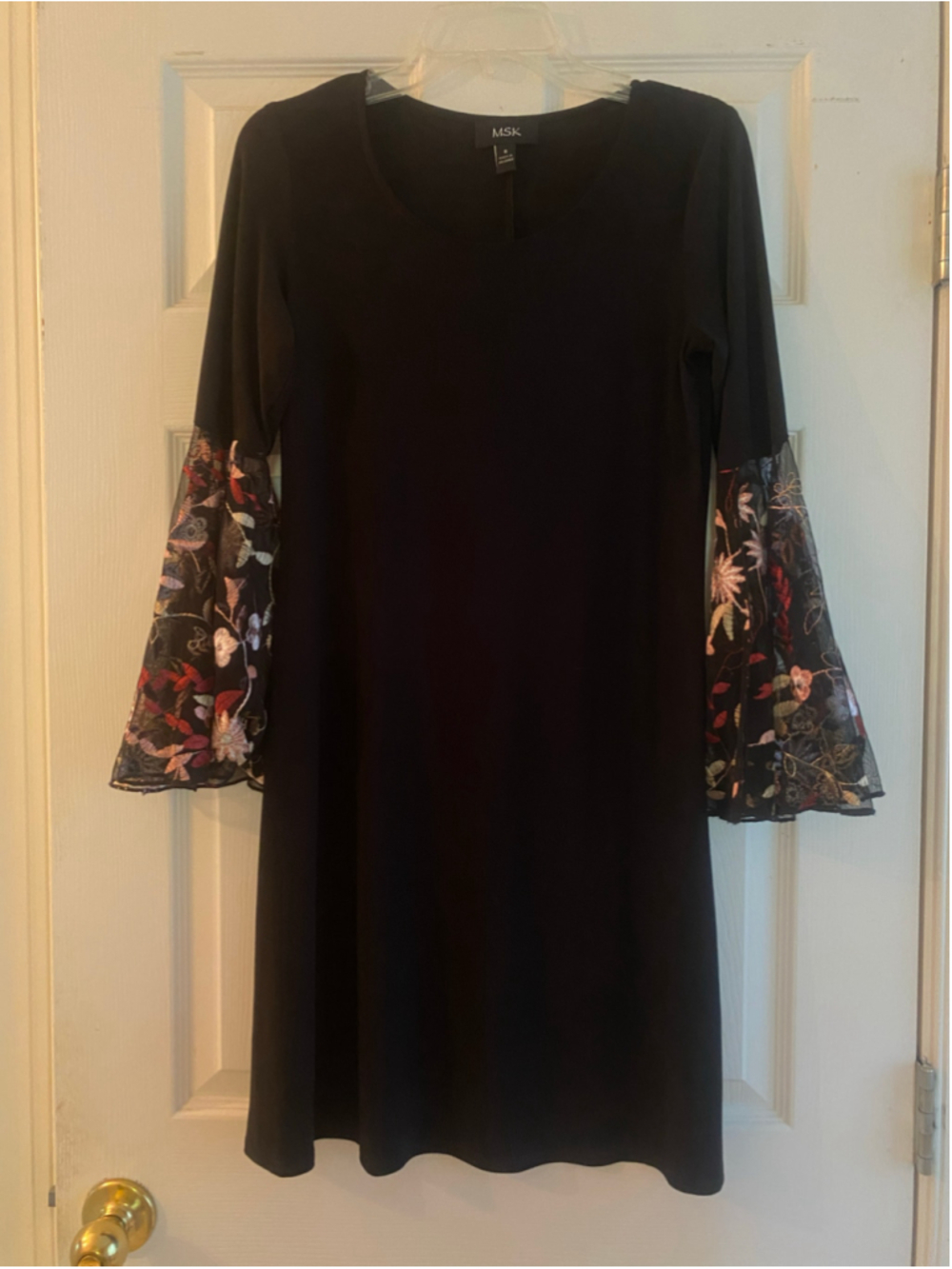 Women's MSK Black Floral Embroidered Bell Sleeve Dress - Size Small